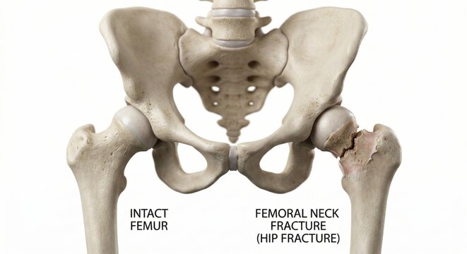 Anatomical visualization displaying healthy hip joint alongside one with femoral neck fracture representing common geriatric musculoskeletal trauma pathology within clinical medicine