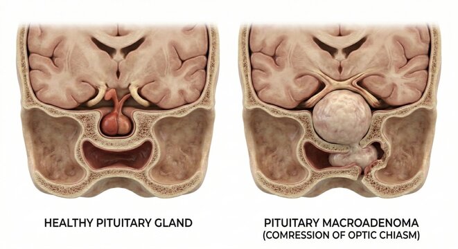 Anatomical comparison rendering displaying healthy pituitary gland alongside massive macroadenoma tumor growth representing obstructive endocrine pathology clinical science