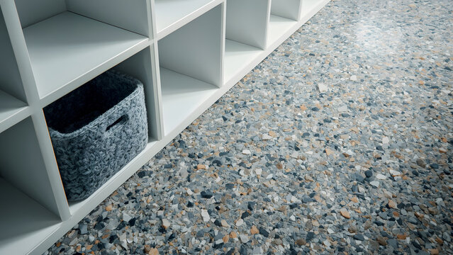 Modern White Shelf Cabinet and Terrazzo Floor