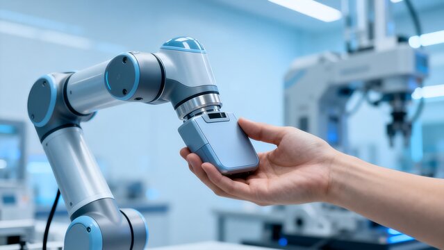 Human hand interacting with robotic arm