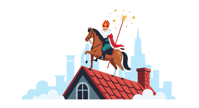 Saint Nicholas on Horseback on Rooftop, Cityscape Background
