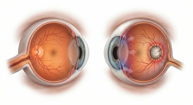 Comparison of healthy human eye and eye with severe open angle glaucoma displaying optic disc cupping and nerve fiber loss dramatic anatomical visualization within ophthalmology medical science