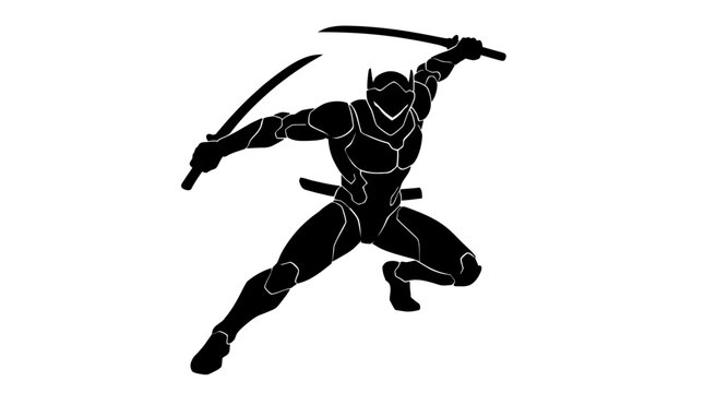 Silhouette of a dynamic ninja warrior in a battle-ready pose, wielding two sharp katanas, embodying stealth and martial arts prowess