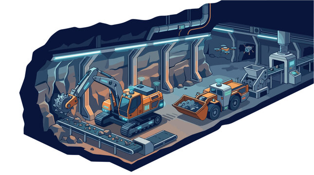 Industrial factory interior with robotic assembly line.