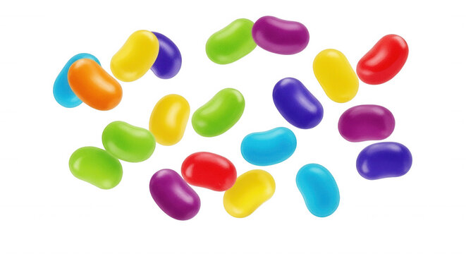 Assorted colorful jelly bean candies scattered against a solid black background, showing vibrant red, yellow, green, blue, and purple