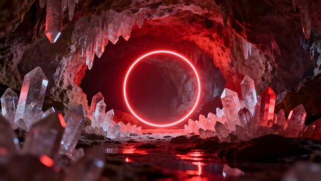 Crystal cave with glowing red circle