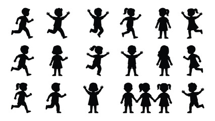 Fototapeta premium collection of playful children silhouettes running and jumping black shapes on a white background silhouette