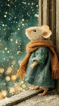 Whimsical storybook mouse in a cozy winter coat and scarf watches snow fall from a rustic window. A magical fairytale scene with a sense of hopeful wonder.