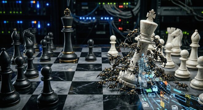 Chess match with melting White King and untouched Black King, cybersecurity metaphor. Nanorobot swarm attack on White King, hidden data corruption, advanced persistent threats.