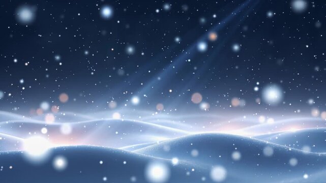 Magical blue winter night scene with snow falling on rolling hills under a starlit sky