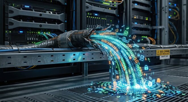 Data breach risk concept visualization shows critical circuit failure with binary code spewing from ruptured cable in server room. Modern network security compromised vulnerability.