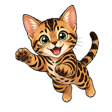 Cute cartoon Bengal kitten jumping and waving