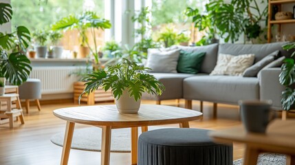 Fototapeta premium Bright and airy living room filled with lush green houseplants and modern furniture