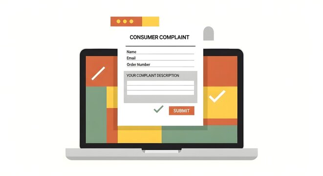 Laptop Computer Displaying Consumer Complaint Form with Submit Button in Bright Colorful Digital Illustration