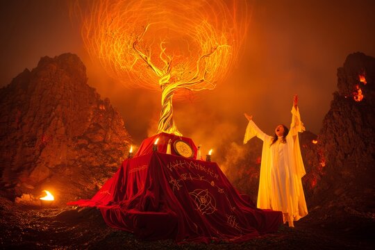 Mystical Ritual Under a Fiery Tree