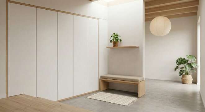 Japandi entryway interior design built-in closet furniture storage solutions pilea plant modern home architecture zen mood space room