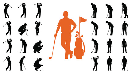 Naklejka premium Collection of diverse golf player silhouettes showing various stances and actions in this digital graphic image