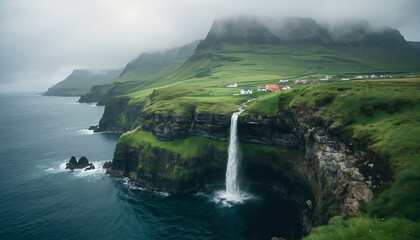 Naklejka premium distant view of the edge of the sea cliff with a waterfall