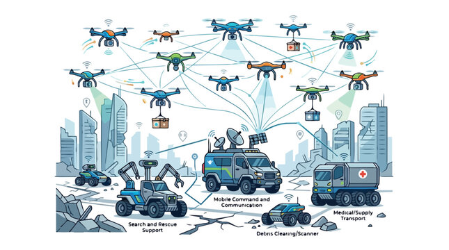 Drone swarm of unmanned aerial vehicles in coordinated formation.