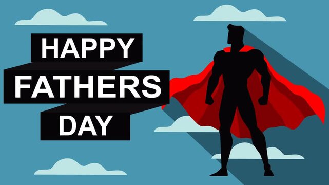 Bold Fathers Day footage featuring a superhero father silhouette with flowing red cape, dramatic shadows, clouds, and modern typography. Perfect for holiday promos and family themes.