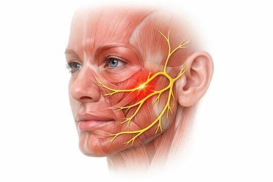 Anatomical visualization trigeminal facial neuralgia facial nerve pain branches inside realistic human head representing severe acute neurological disorder within clinical medical science pathology