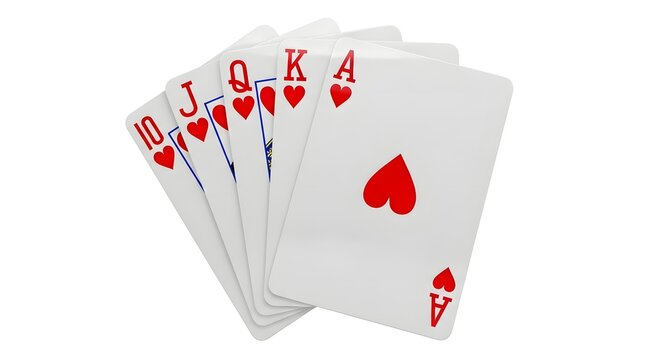 Poker Playing Cards Spread with Royal Flush in Red Hearts on White Background