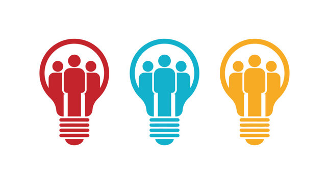 Three colorful light bulb icons featuring human silhouettes representing collaborative innovation and creative team brainstorming concepts