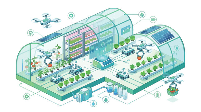 Isometric greenhouse farming interior with hydroponic benches.