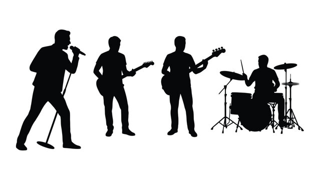 Band performing on stage with singer guitarist bassist and drummer in black silhouette