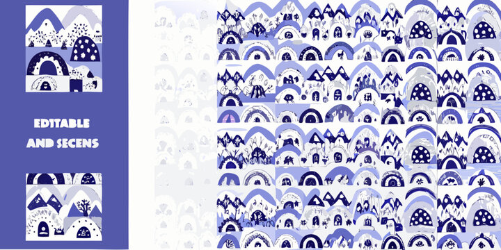seamless pattern with blue and white mountain and cloud shapes