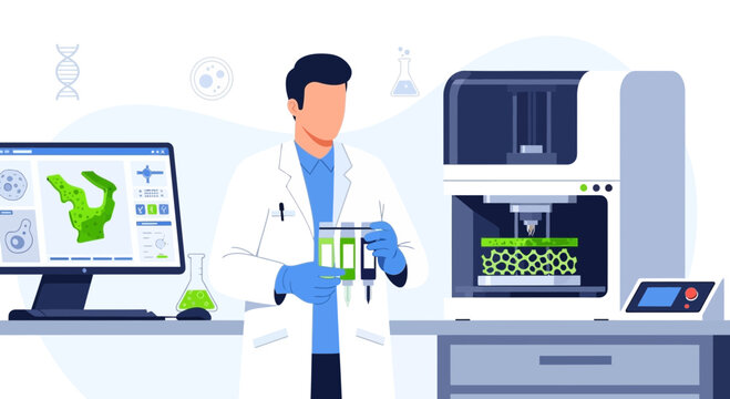 Scientist working with 3D printer and bio-samples in modern laboratory