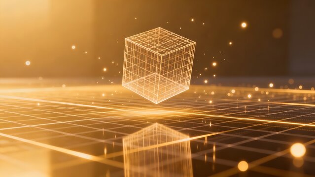 Floating wireframe cube on grid