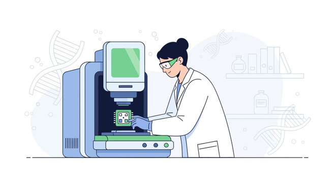 Scientist working with advanced DNA sequencer and microchip in laboratory