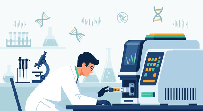 Scientist working with advanced DNA sequencing machine in modern laboratory