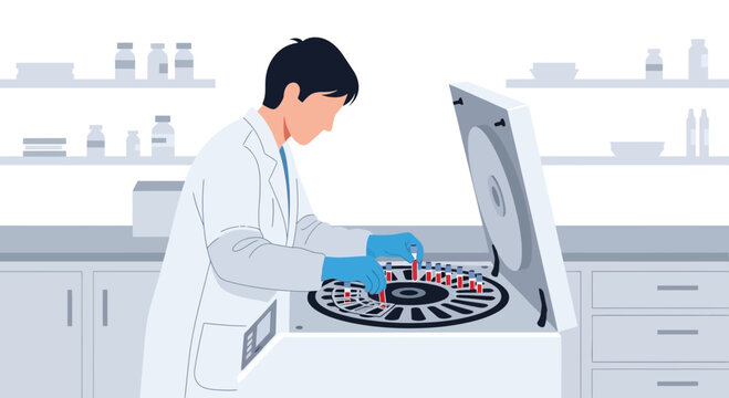 Scientist working with automated laboratory equipment for blood analysis in a modern lab