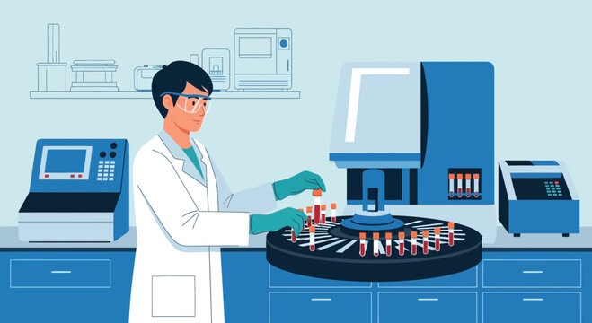 Scientist working with blood samples in automated laboratory equipment