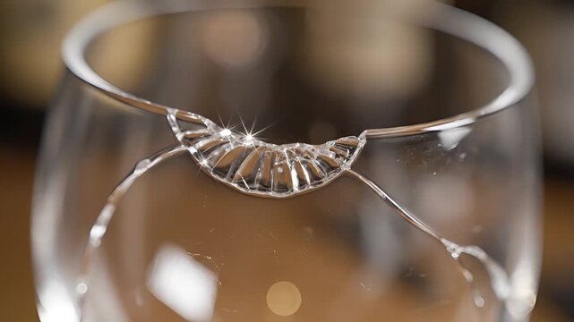 Close up of a broken wine glass with sharp edges and cracks.