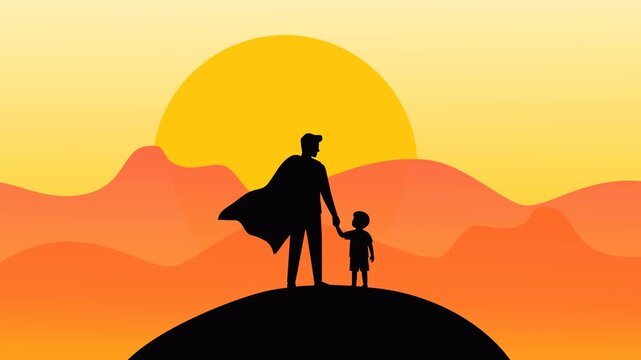 Cinematic Fathers Day footage featuring a superhero father with cape holding a child at sunset. Warm landscape scenery creates an emotional family and parenting atmosphere.