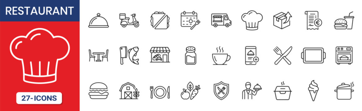 Thin Line Food Restaurant Cafe Delivery and Hospitality Icon Set Collection