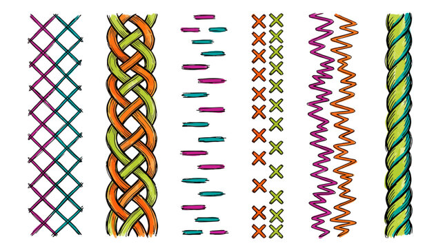 Collection of hand drawn decorative sewing stitches and braided rope borders in vibrant colors on white background, Represents creative handicraft design and symbolizing artistic embroidery