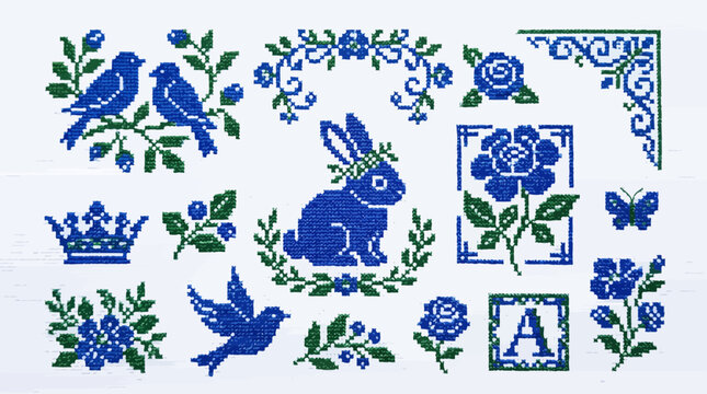 Blue and green embroidery patterns with birds, rabbit and floral motifs in a traditional cross-stitch style, provides decorative elements for textile design and illustrating folk art aesthetics