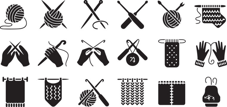 Diverse black silhouette icons illustrating the timeless art of knitting and crochet. silhouette vector illustration