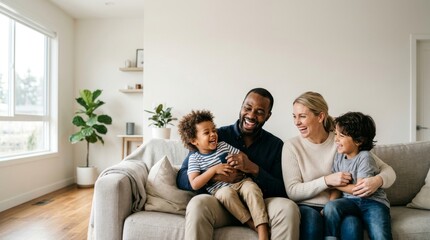 Obraz premium Family having fun at home. Joyful Multiracial Family Laughing Together on Living Room Couch, Happy Diverse Parents and Children at Home, Clean Copy Space on Wall