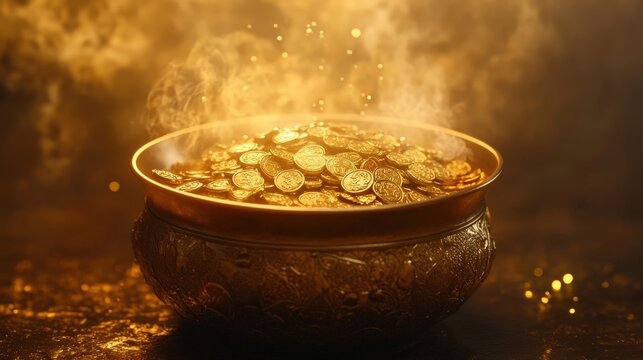 A magical pot filled with gold coins overflowing with gleaming treasure under a mystical, glowing light in a dark setting.