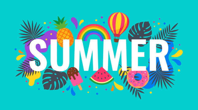 Colorful summer typography banner featuring tropical icons like pineapple, watermelon, ice cream and palm leaves on turquoise background, illustrating seasonal promotion and vacation travel
