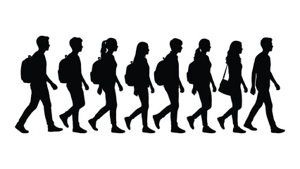 Obraz premium group of people walking with backpacks and handbags in a line black silhouette