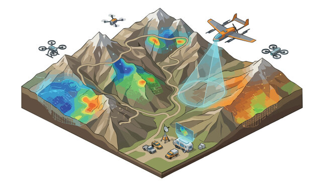 Isometric Mountain Terrain Diorama With Drones.