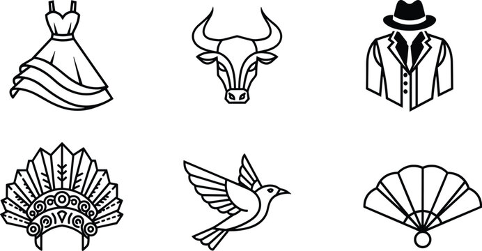 Minimalist black line art icon set featuring elegant dress bull head classic mens suit fedora hat native headdress flying bird and folding hand fan