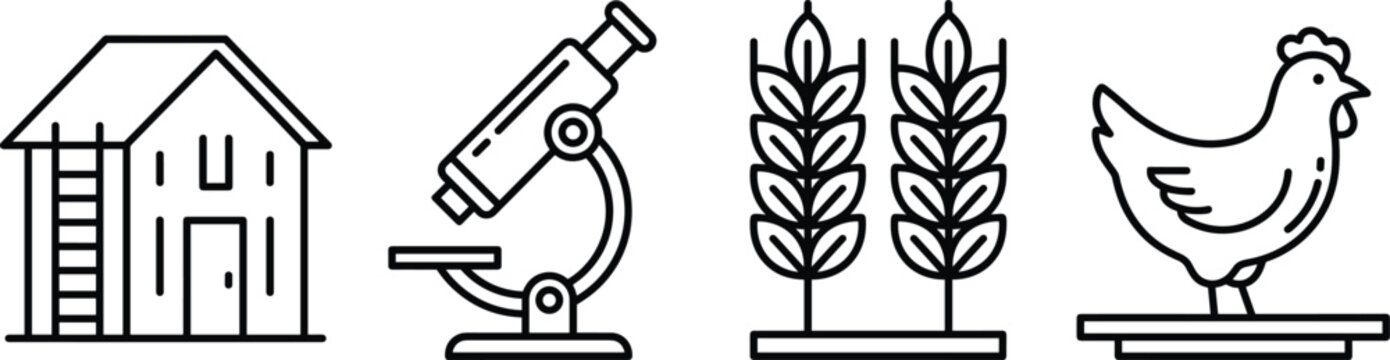Agricultural science and farming line art icon set featuring a barn microscope wheat ears and chicken hen