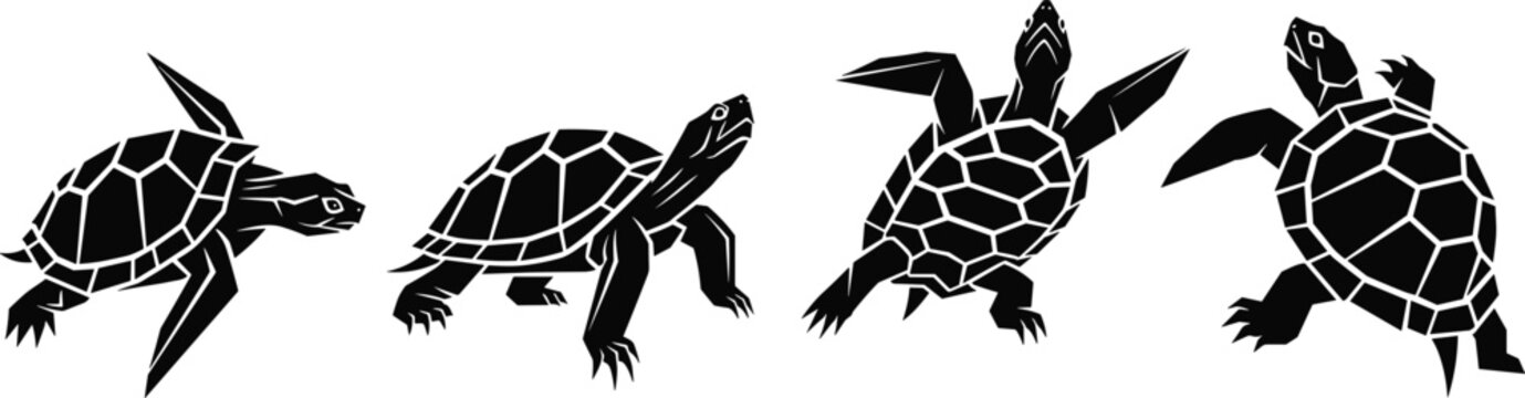 Sea turtle vector silhouette set featuring black detailed illustrations of swimming and crawling tortoises marine reptiles for ocean conservation and nature design